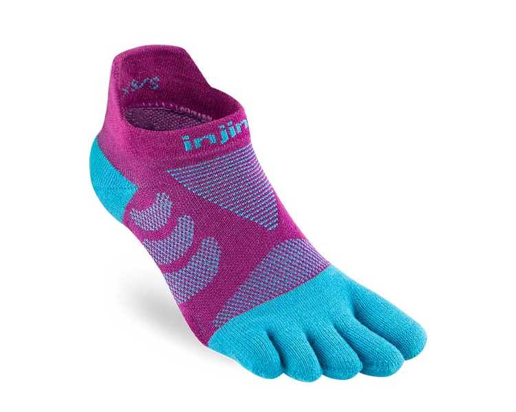 Chaussettes à doigts INJINJI Ultra Run No-Show Jam Femme pour la course à pied couleur rose et bleu