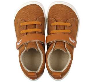 chaussures minimalistes modèle Harlequin Vegan, coloris honey, marque Tikki Shoes vu de-dessus